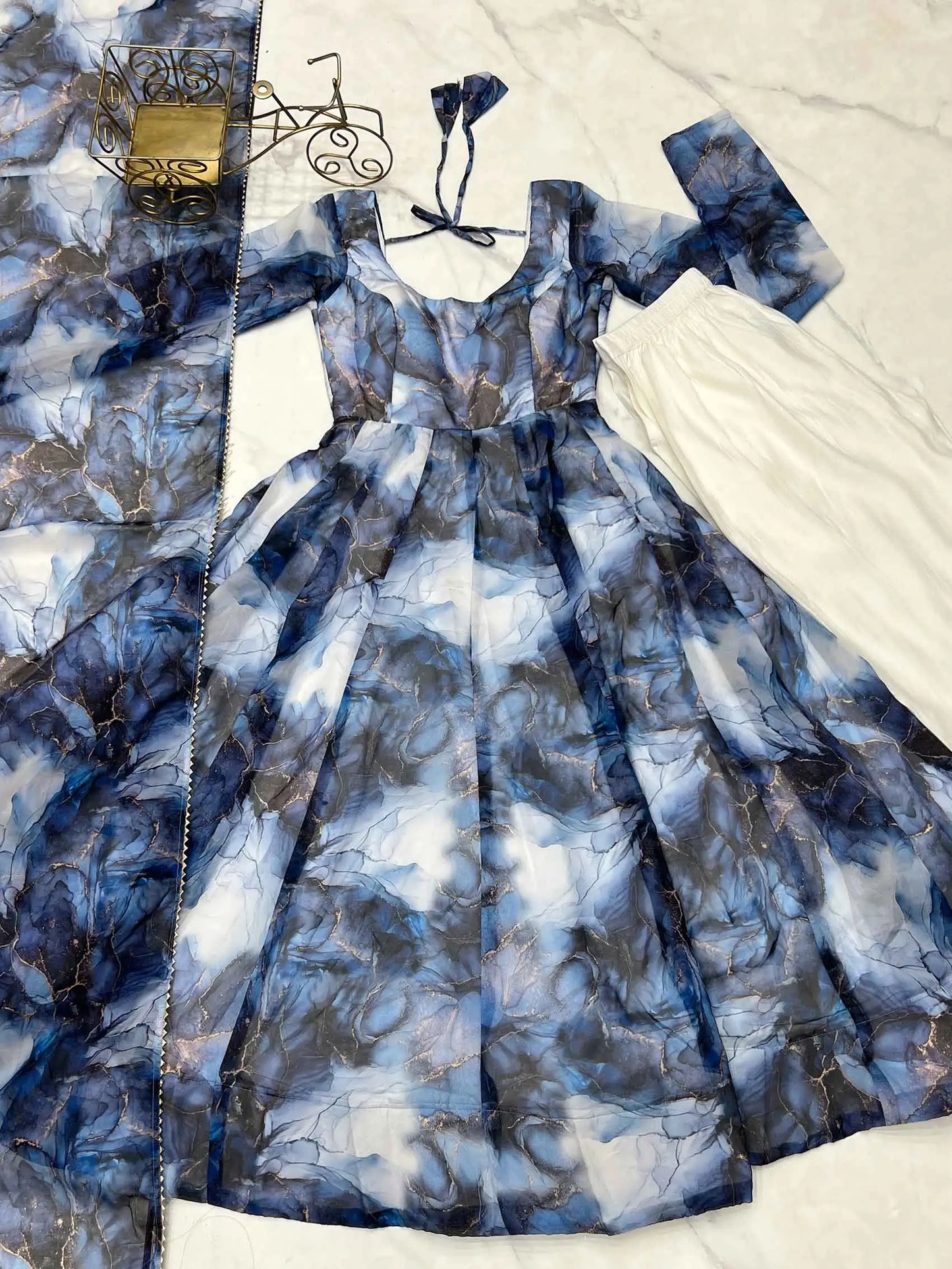 Navy Blue Organza Silk With Marble Print Anarkali Gown And Dupatta