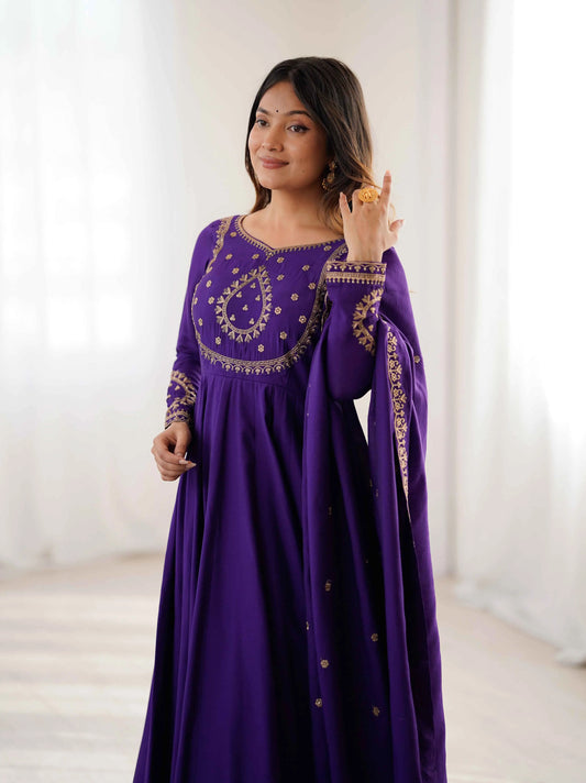 Purple Silk Gown With Beads Hand Work