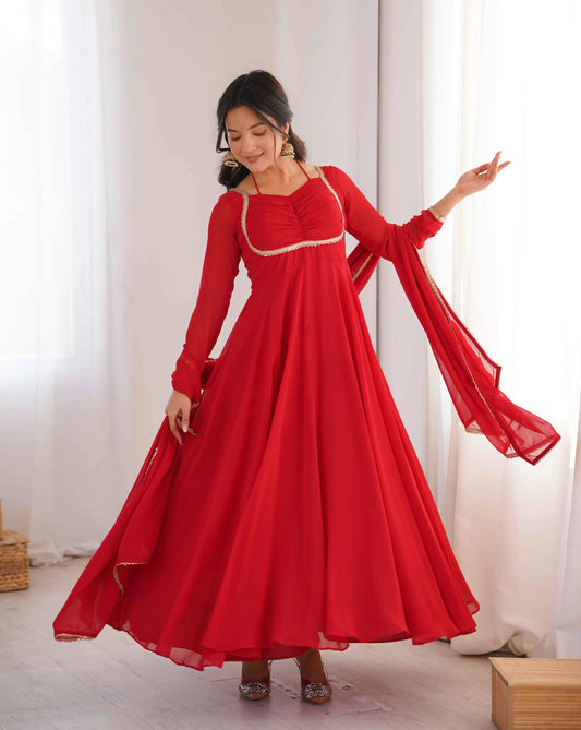 Designer Red Georgette Gown With Dupatta