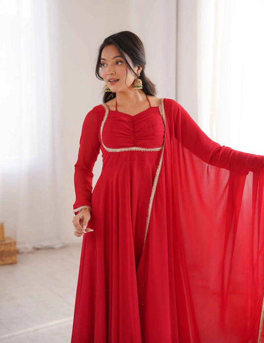 Designer Red Georgette Gown With Dupatta