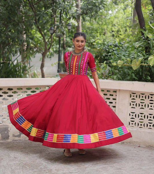 Maroon Multi Thread And Mirror Work With Lace Embellished Navratri Gown
