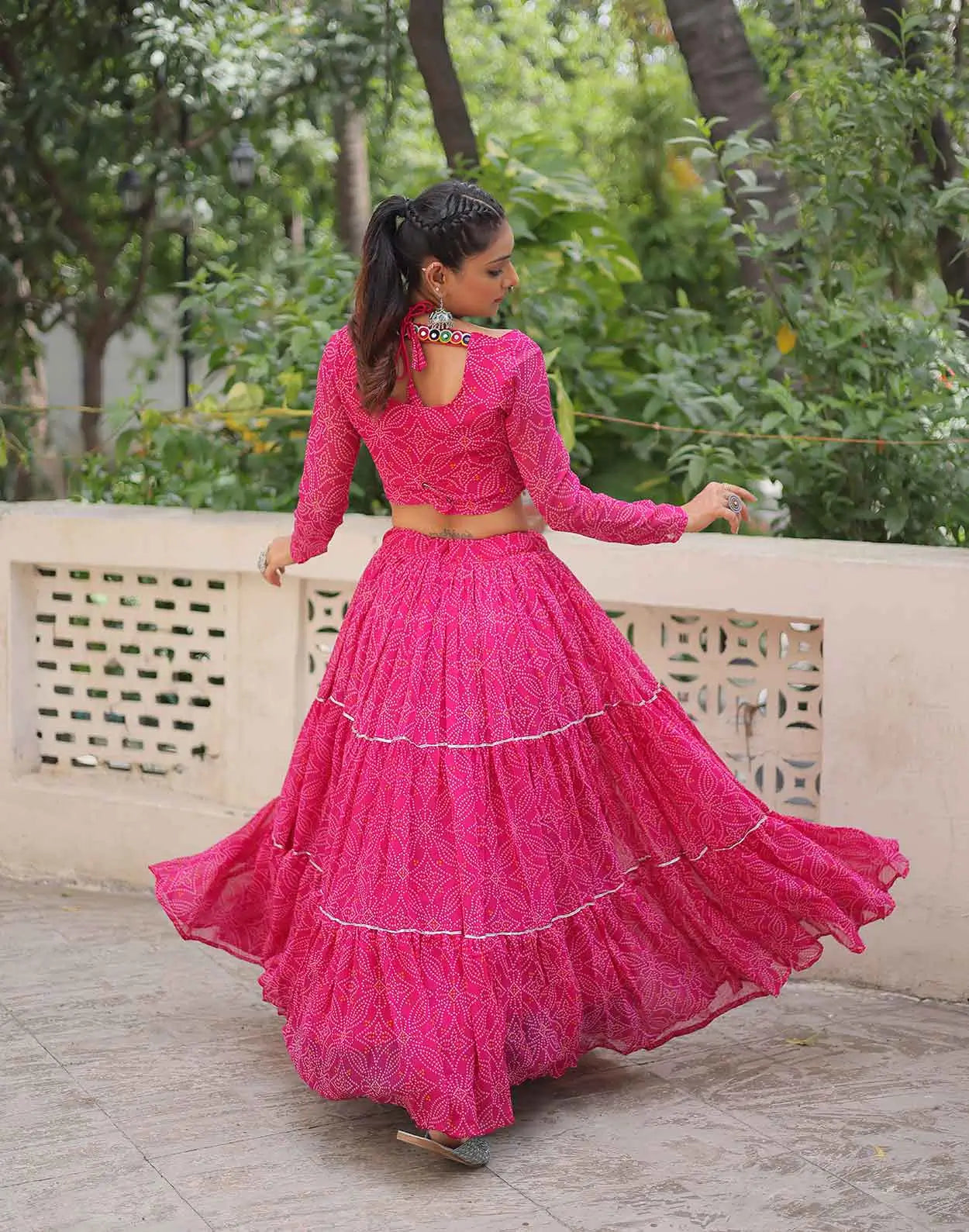 Rani Pink Georgette Bandhej Print With Gamthi Work Navratri Lehenga Choli
