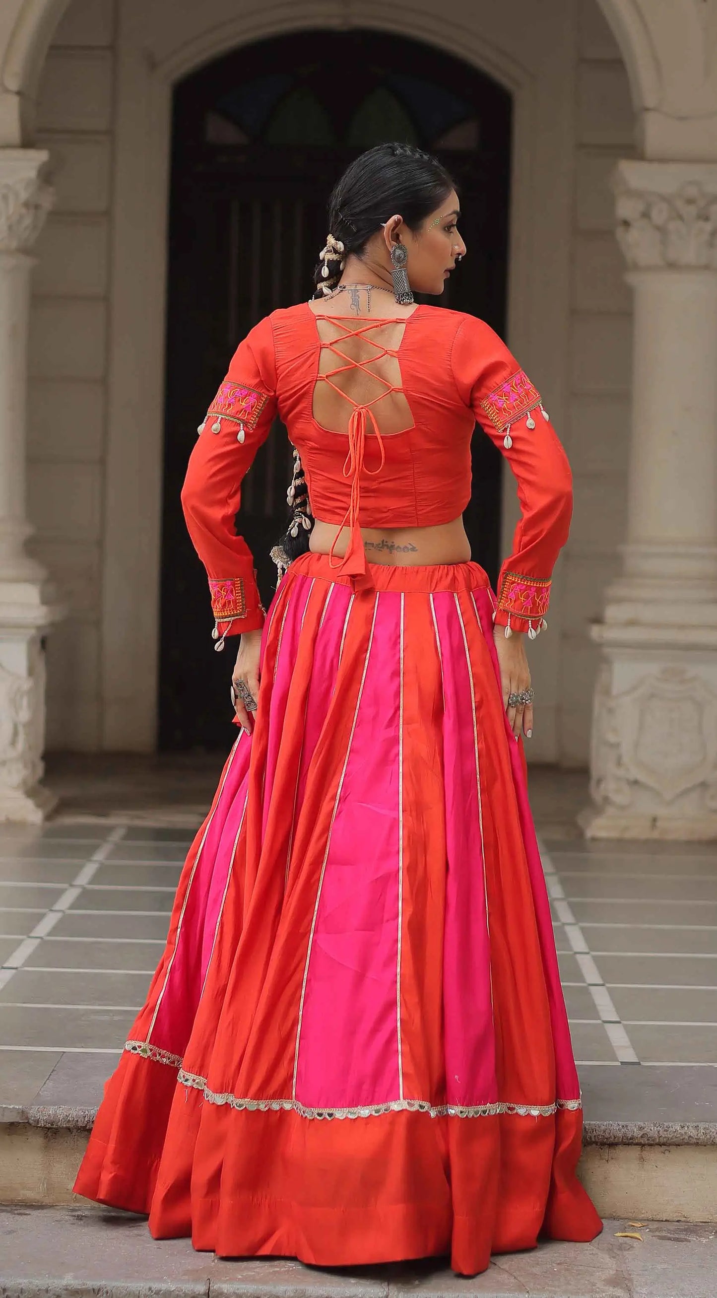 Fanta And Pink Color With Mirror Work Lehenga And Gamthi Work Blouse