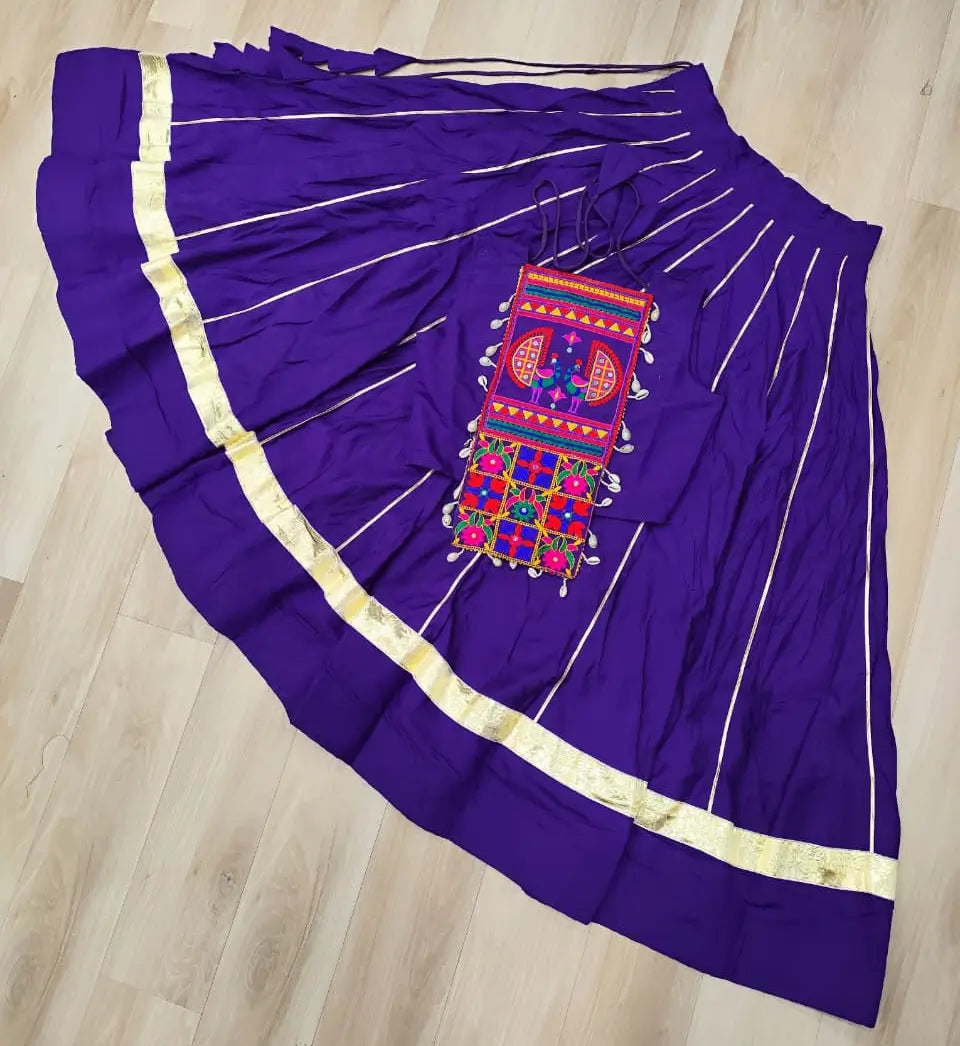 Purple Gamthi Mirror Work Roman Silk Navratri Lehenga Choli