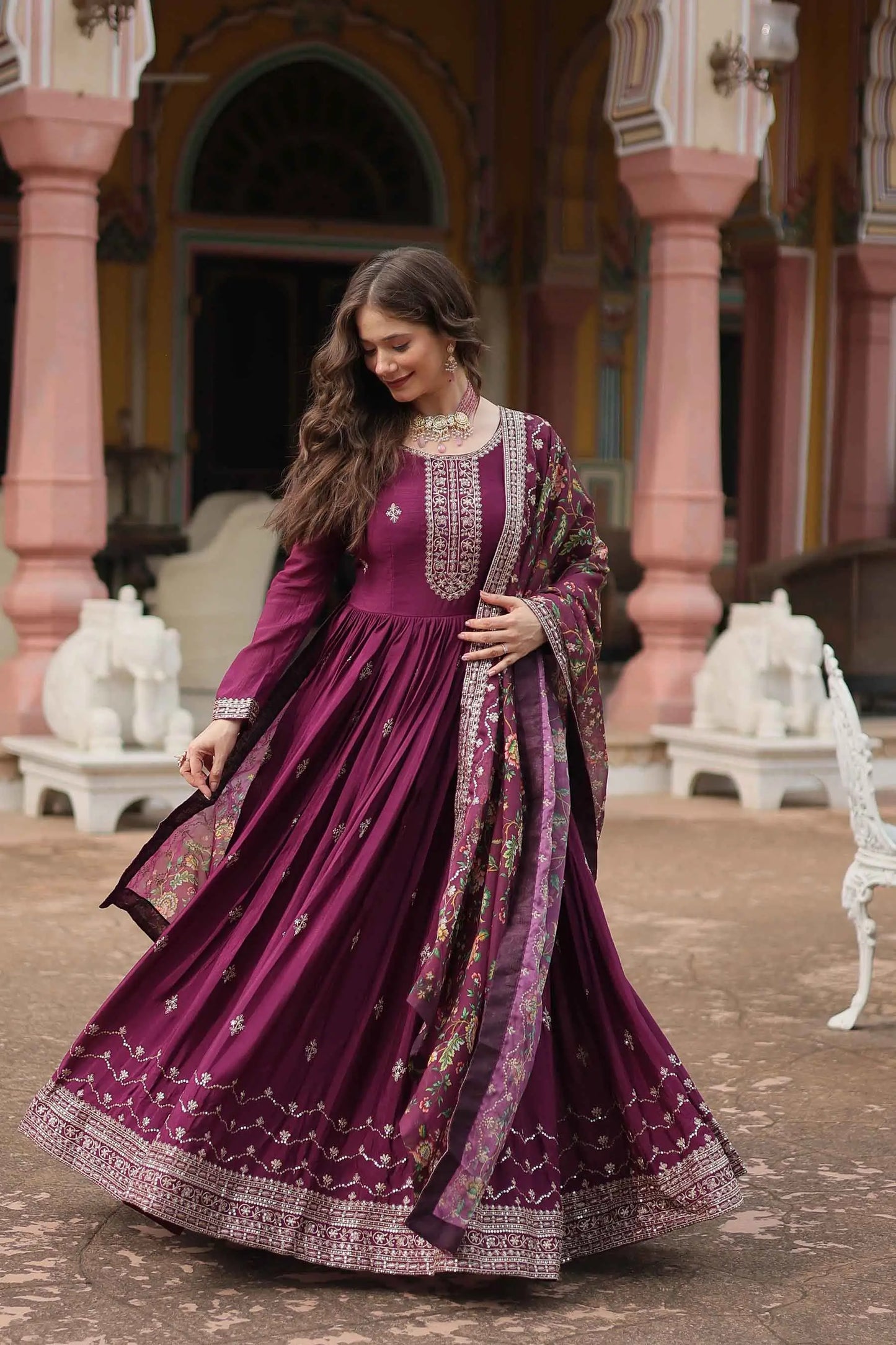 Dark Raspberry Sequins Embroidery Work Gown With Print Dupatta