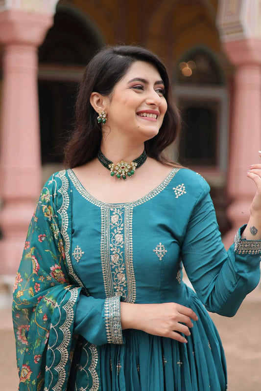 Eastern Blue Sequins Embroidery Work Gown With Print Dupatta