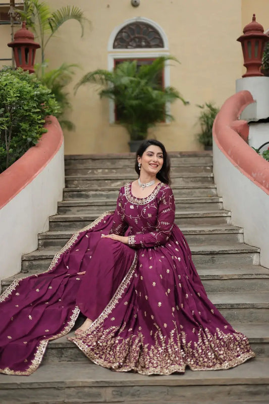 Wine Chinon Rich Sequins Embroidery Work Side Cut Gown With Dupatta And Sharara