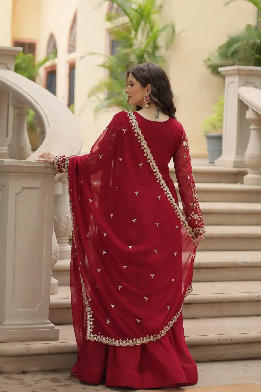 Maroon Georgette Multi Sequins Zari Embroidery Work Gown With Dupatta