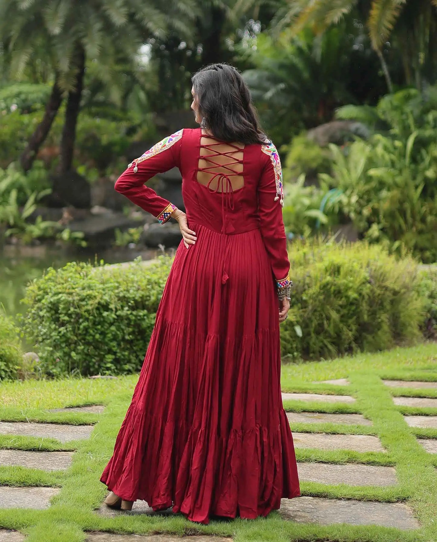 Maroon Rayon Kutchi Gamthi Patch Work Navratri Gown