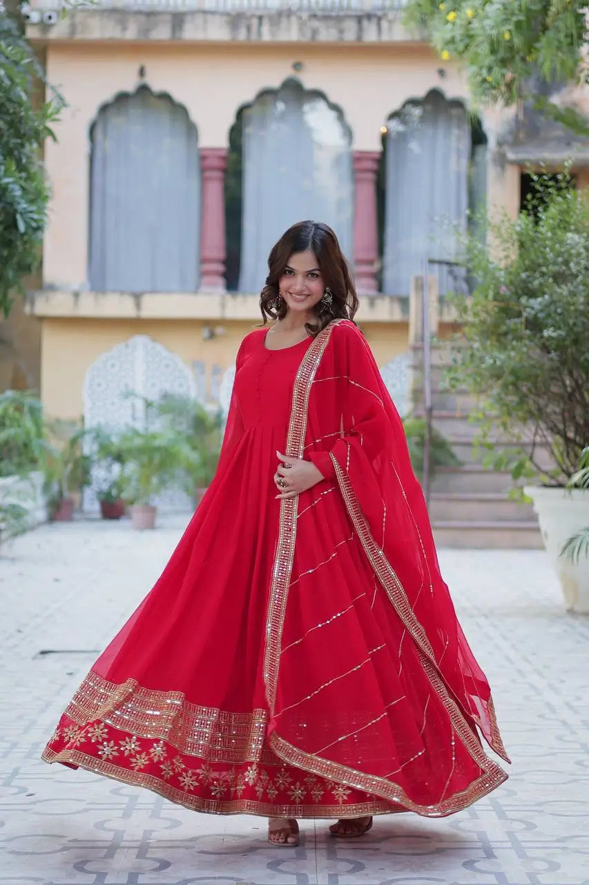 Hot Red Georgette Gown With Multi Sequins Embroidery Work With Dupatta