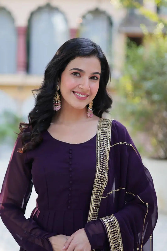 Deep Wine Georgette Gown With Multi Sequins Embroidery Work With Dupatta