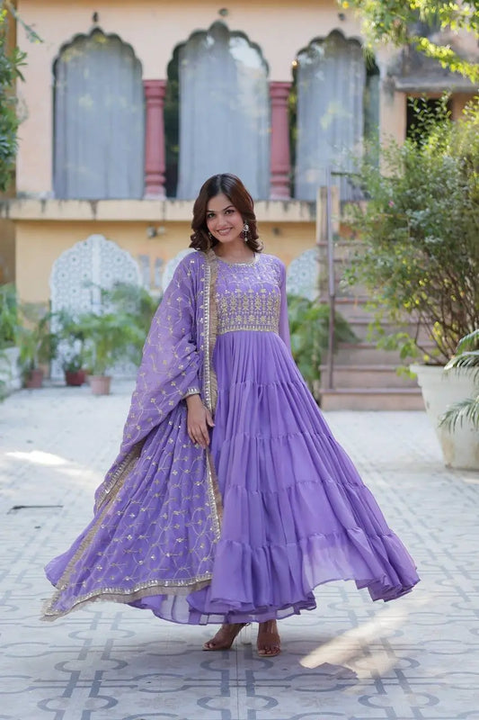 Light Purple Georgette Fully Flair Gown With Embroidery Work And Heavy Dupatta