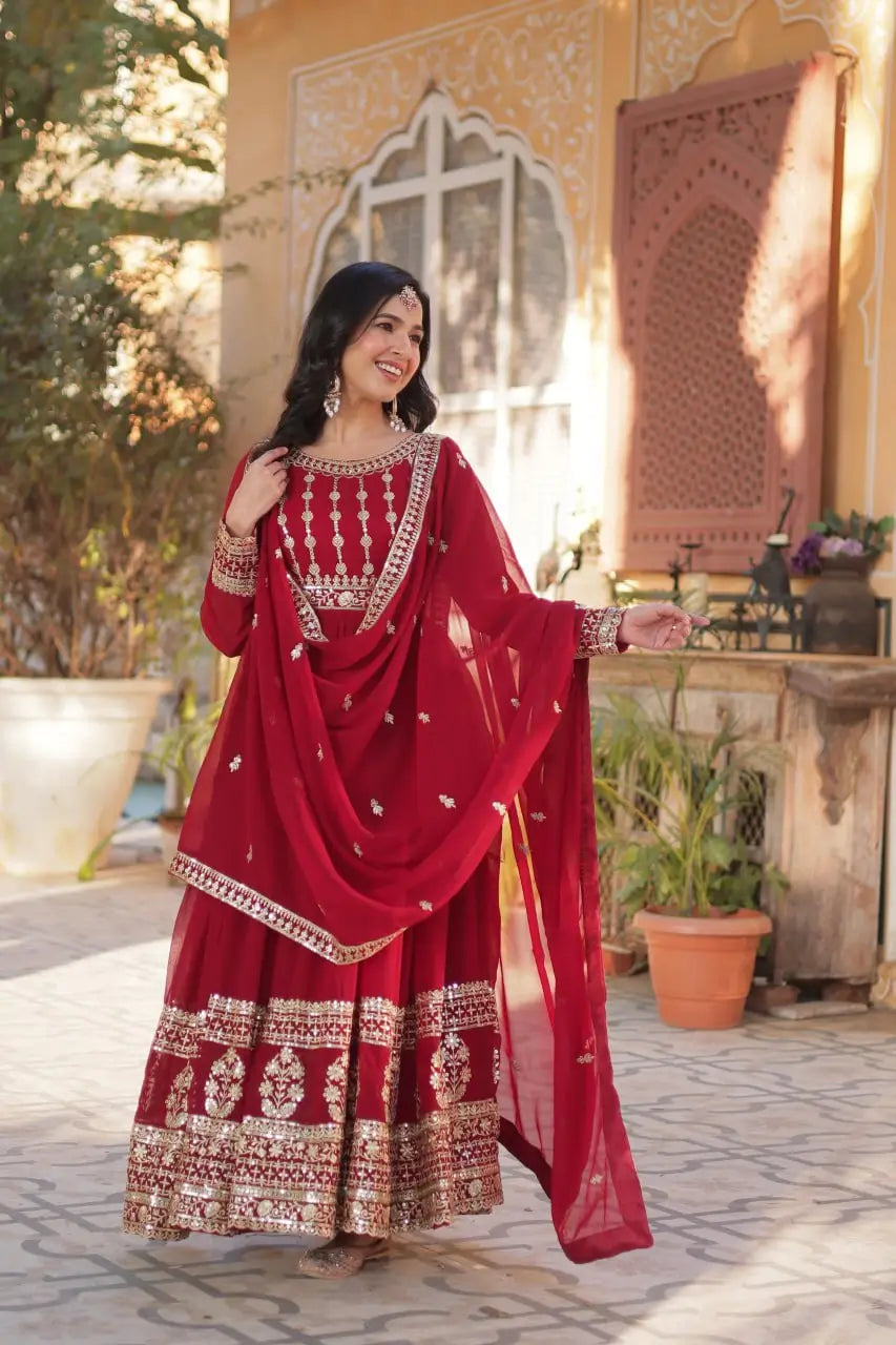 Dark Red Georgette Zari Sequins Embroidery Work Gown And Dupatta