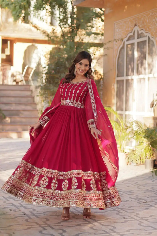 Pinkish Red Zari Sequins Embroidery Work Georgette Gown And Dupatta