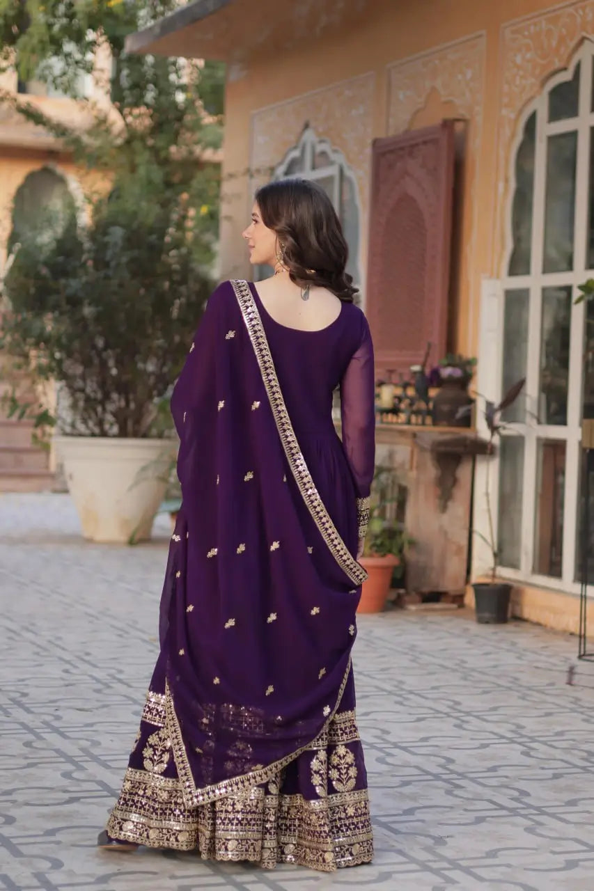Dark Wine Zari Sequins Embroidery Work Gown And Dupatta