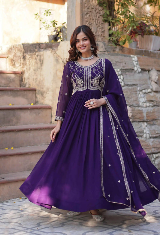 Purple Beads And Sequins Embroidery Work Gown With Dupatta