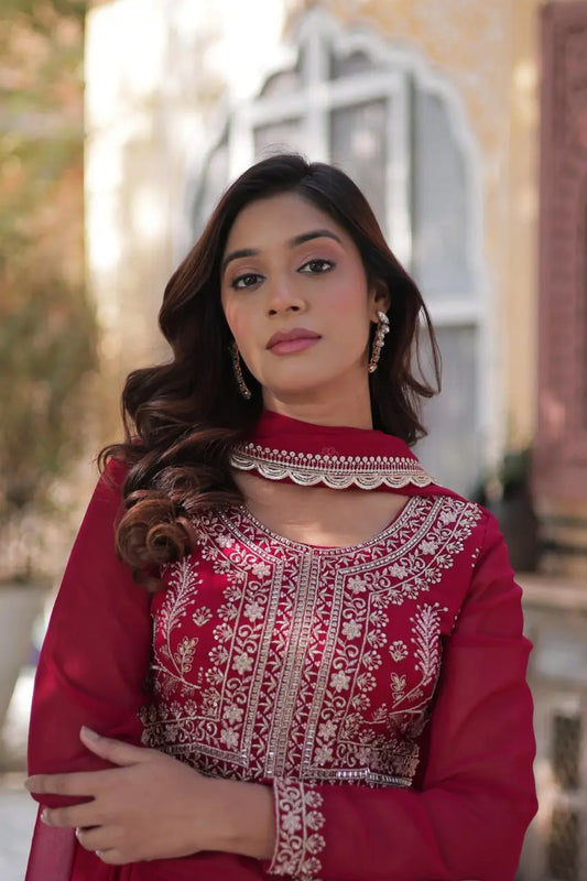 Red Devil Georgette Attractive Embroidery Pearl Work Gown With Dupatta