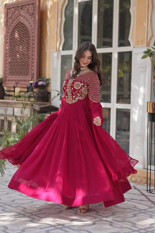 Maroon Red Attractive Sequins Embroidery Work Gown And Dupatta