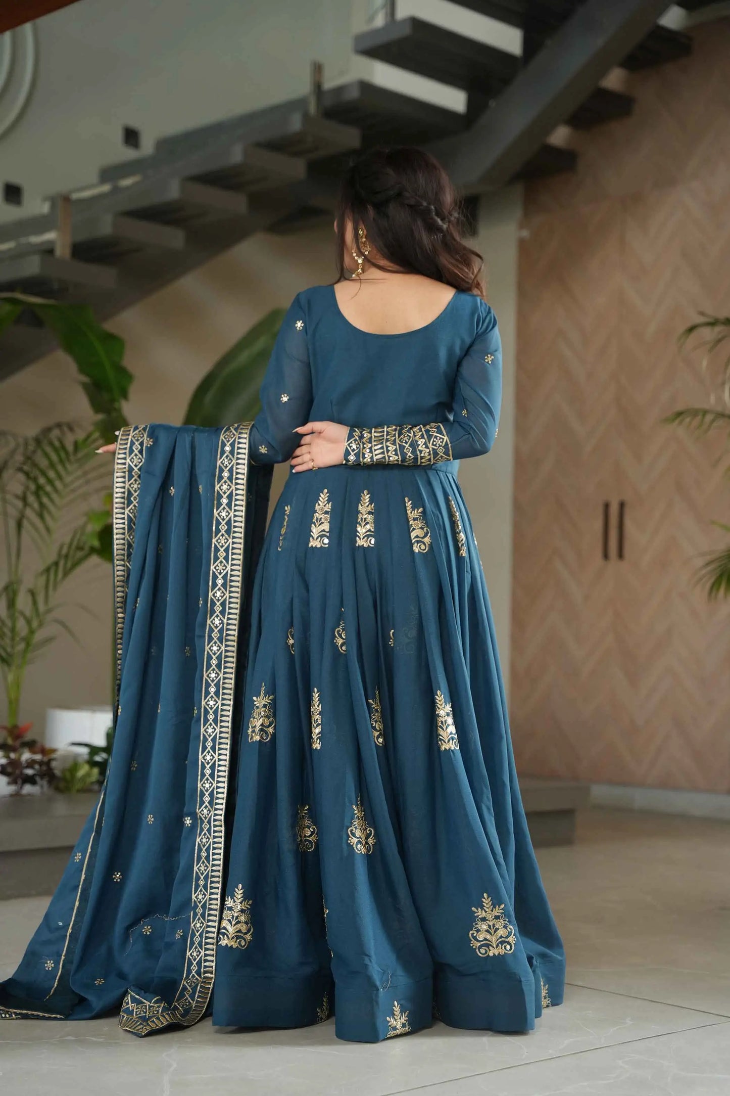 Teal Blue Gown With Zari Sequins Embroidery And Dupatta