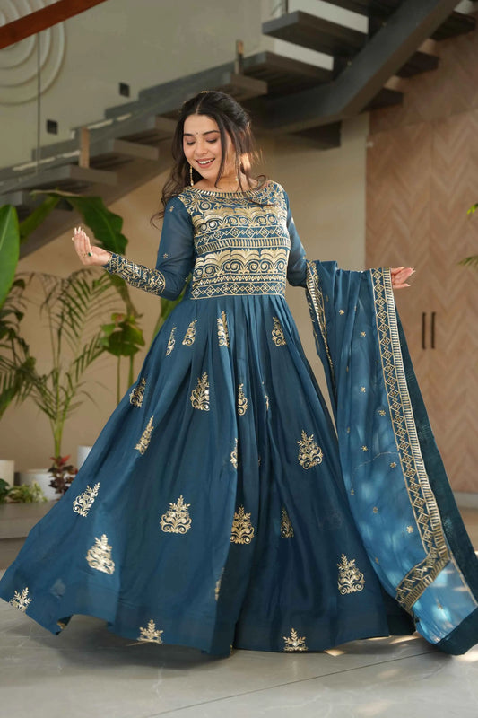 Teal Blue Gown With Zari Sequins Embroidery And Dupatta