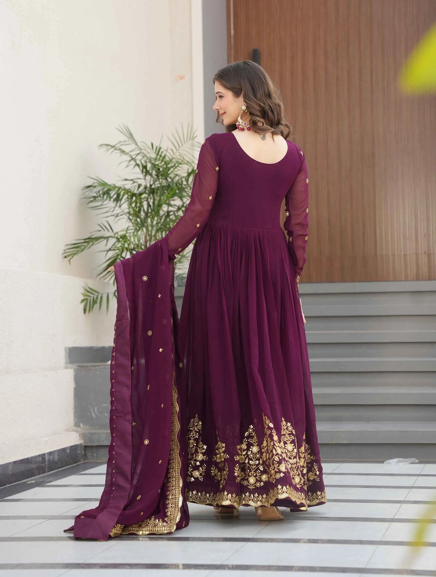 Designer Wine Zari Sequins Embroidery Work Georgette Gown With Dupatta