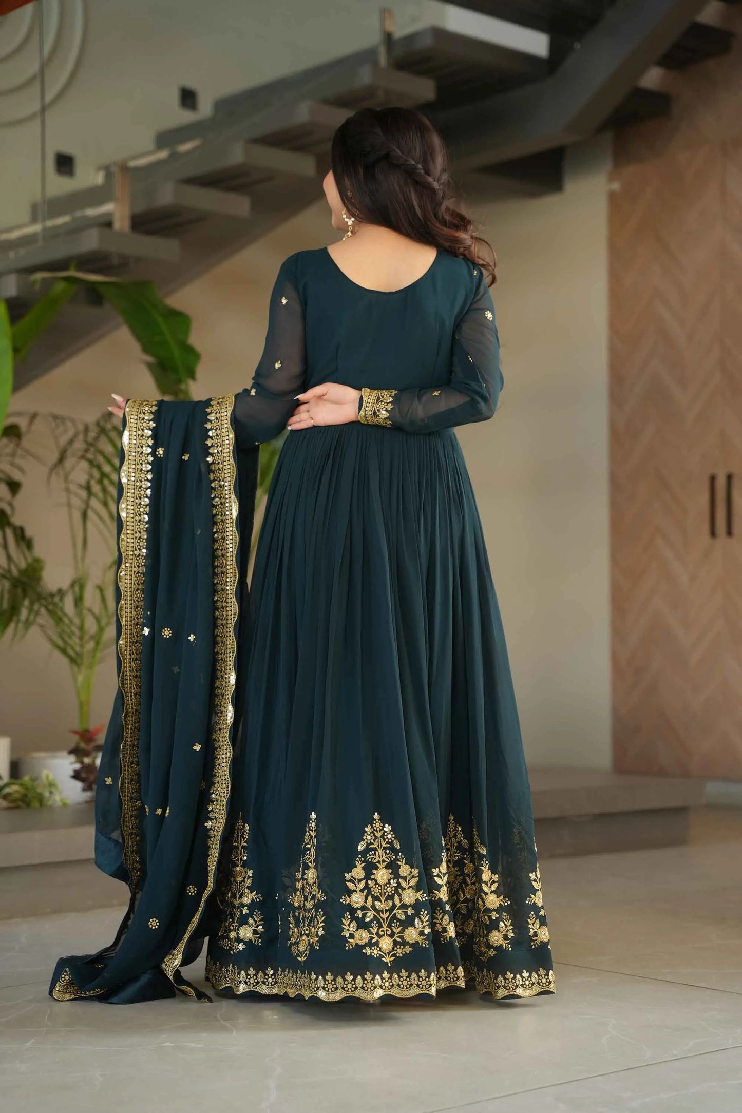 Designer Rama Zari Sequins Embroidery Work Georgette Gown With Dupatta