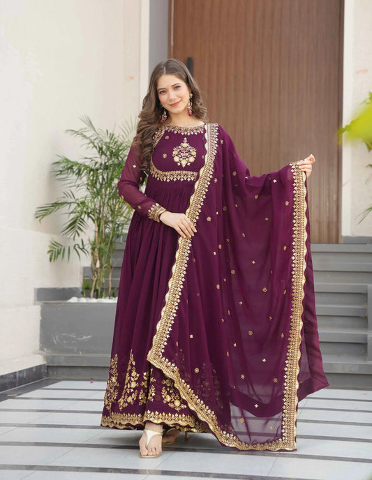 Designer Wine Zari Sequins Embroidery Work Georgette Gown With Dupatta
