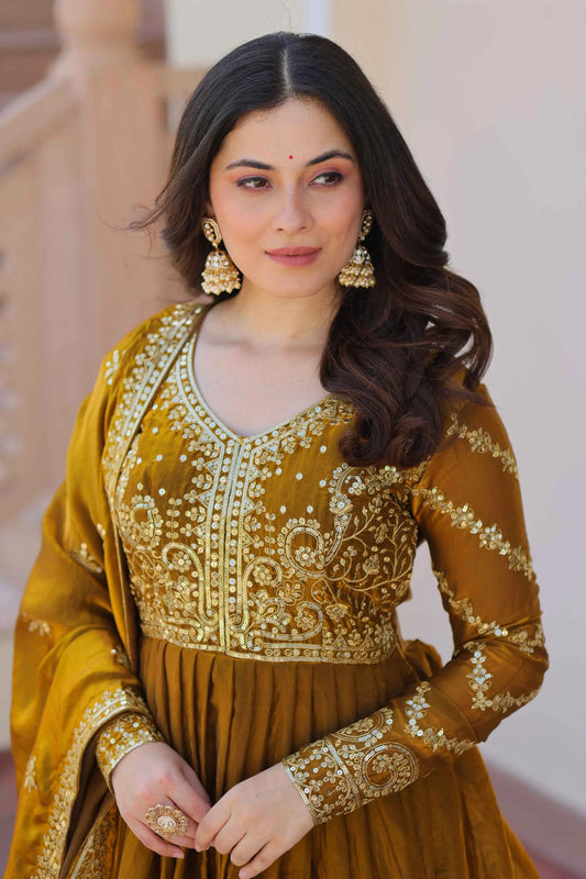 Mustard Yellow Zari Sequins Embroidery Work Gown With Dupatta