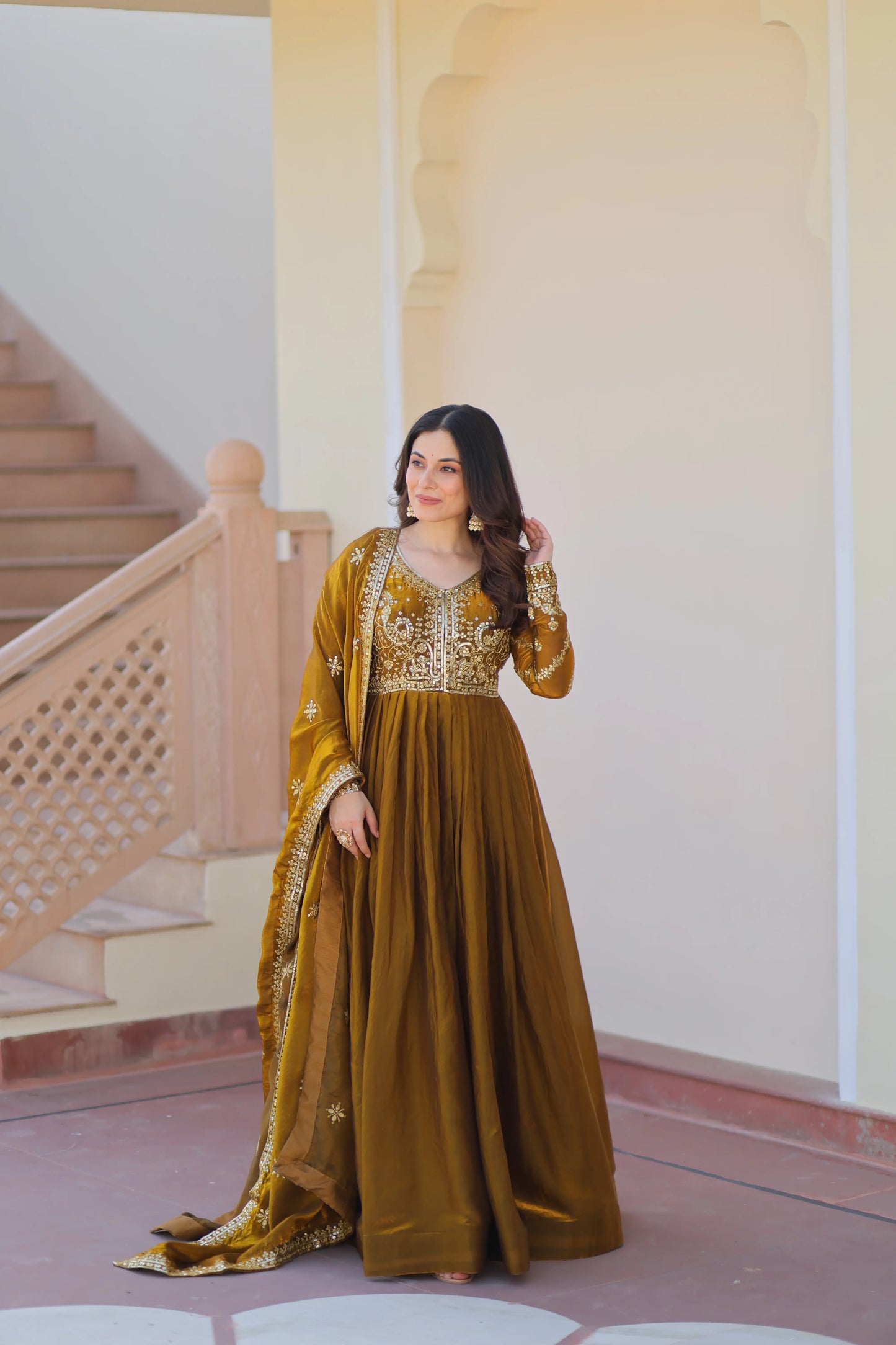 Mustard Yellow Zari Sequins Embroidery Work Gown With Dupatta