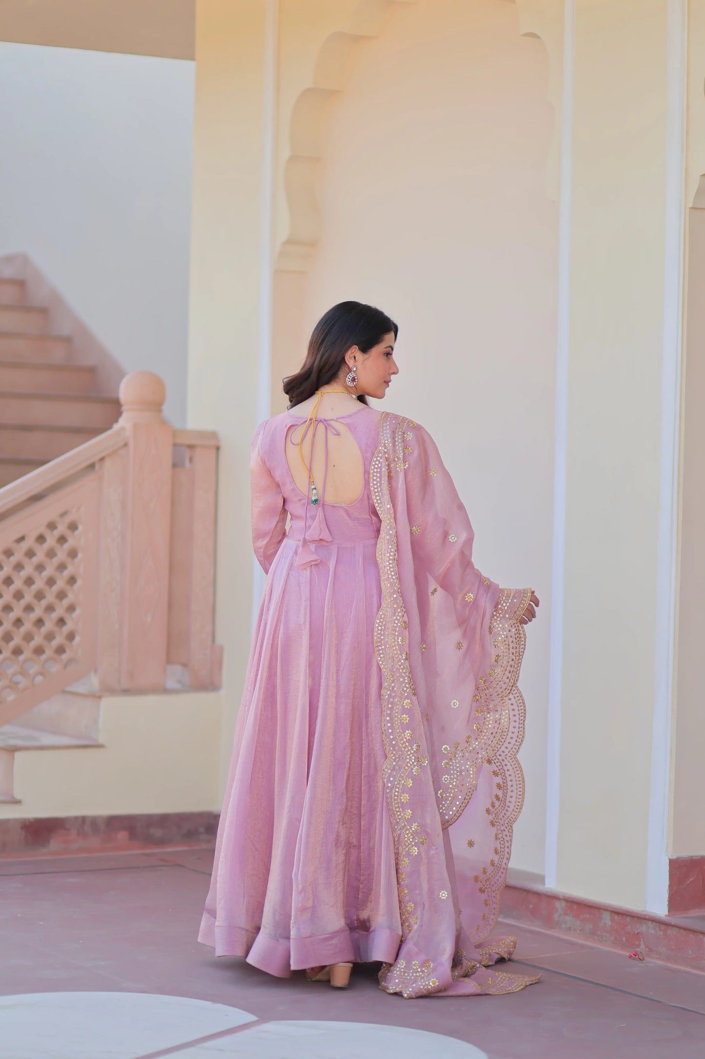 Shiny Baby Pink Designer Fendi Chiffon Gown With Embroidery Work Dupatta
