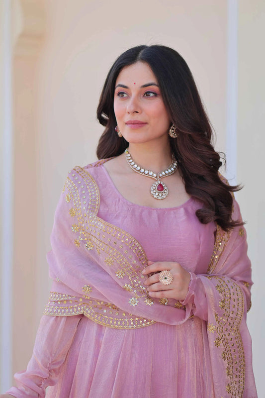 Shiny Baby Pink Designer Fendi Chiffon Gown With Embroidery Work Dupatta