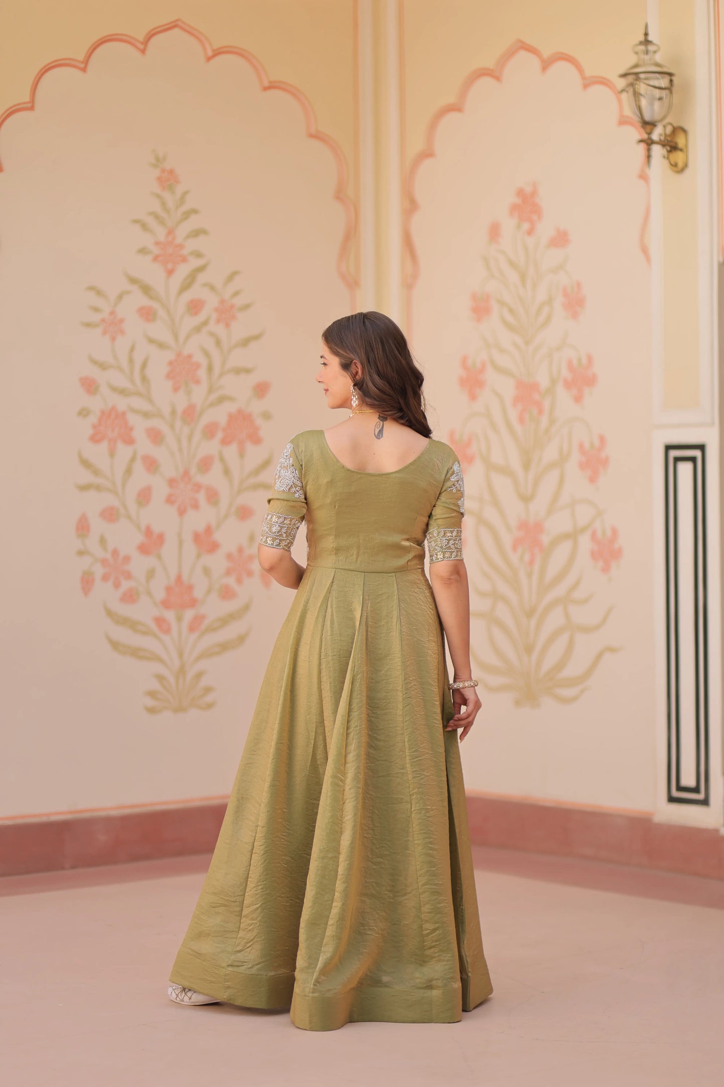 Designer Shiny Light Olive Green Beads Embroidery Work Gown