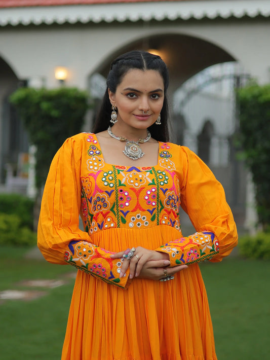 Yellow Kutchi Gamthi Work Mirror Work Rayon Navratri Gown