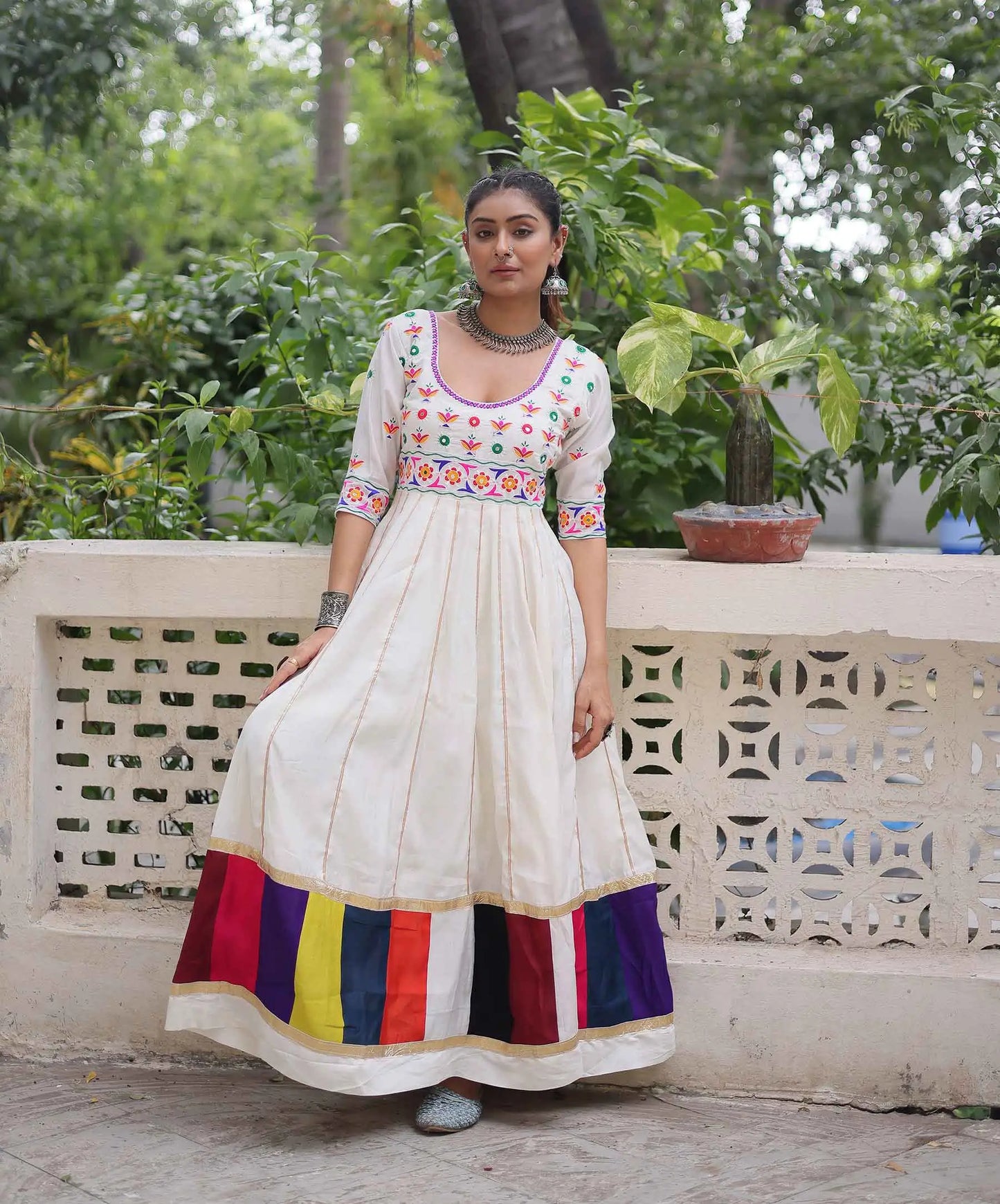 White Navratri Gown Lace Embellished With Multi Thread Work