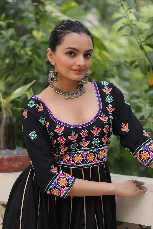 Black Navratri Gown Lace Embellished With Multi Thread Work