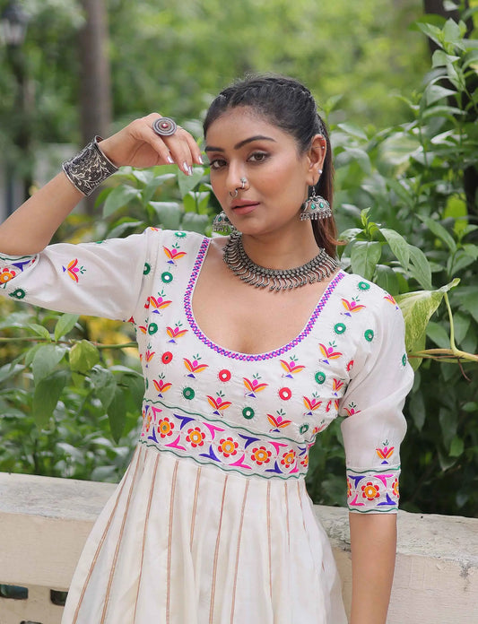 White Navratri Gown Lace Embellished With Multi Thread Work