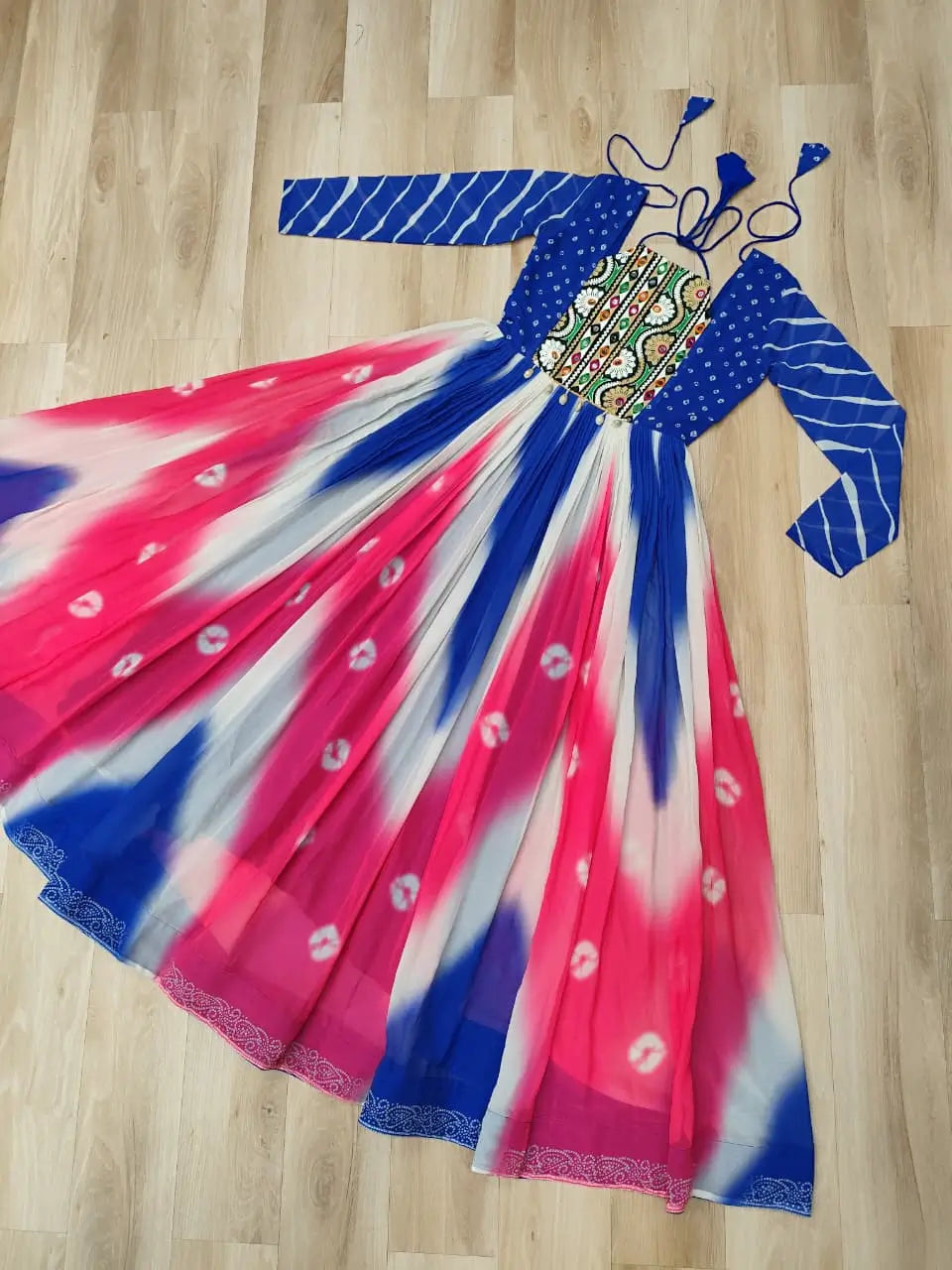 Blue with Multicolor Bandhej & Gamthi Mirror Work Gown