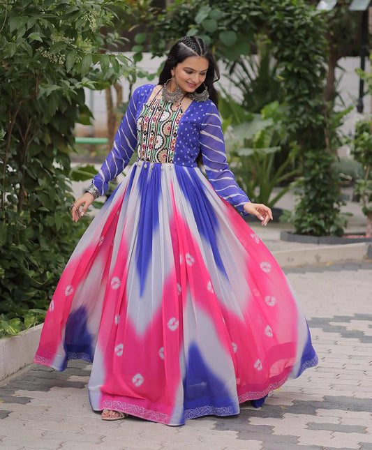 Blue with Multicolor Bandhej & Gamthi Mirror Work Gown