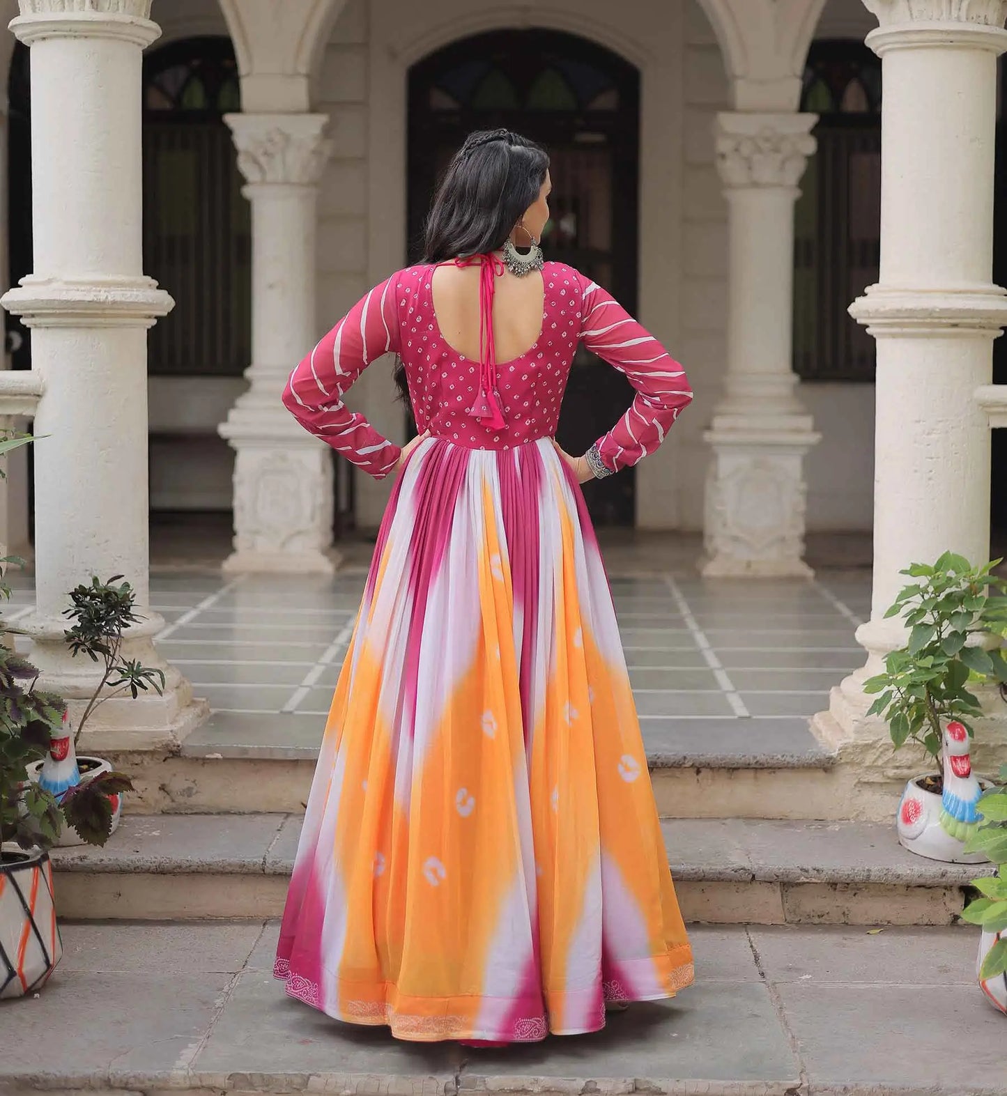 Pink with Multicolor Bandhej & Gamthi Mirror Work Gown