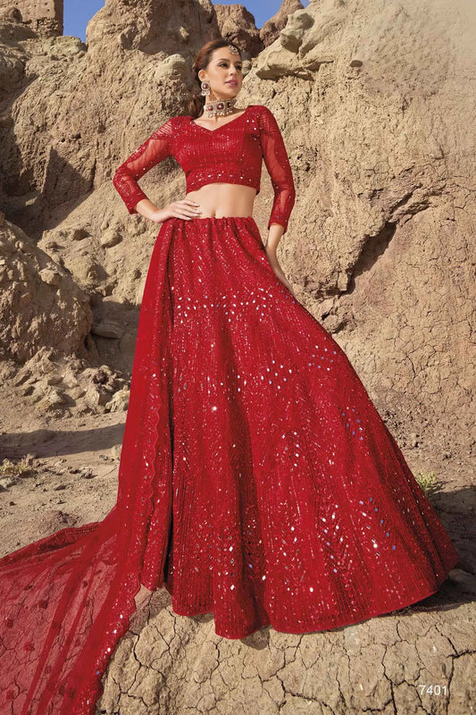 Red Mirror Work With Sequins Embroidery Work Bridal Lehenga