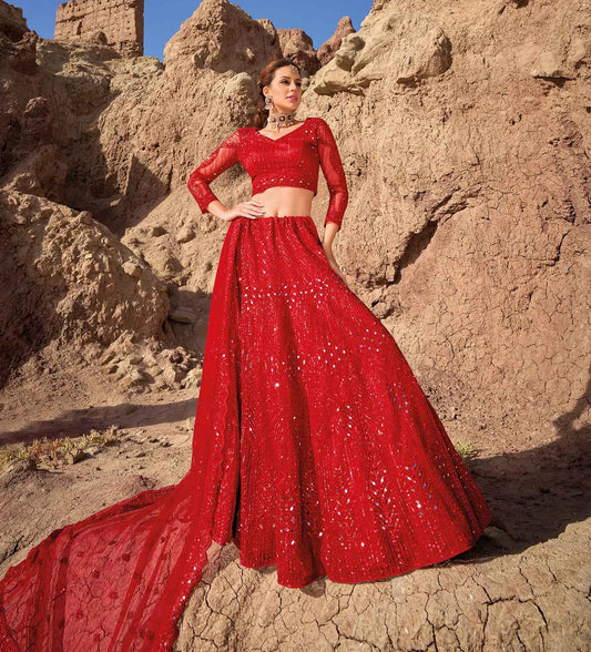 Red Mirror Work With Sequins Embroidery Work Bridal Lehenga