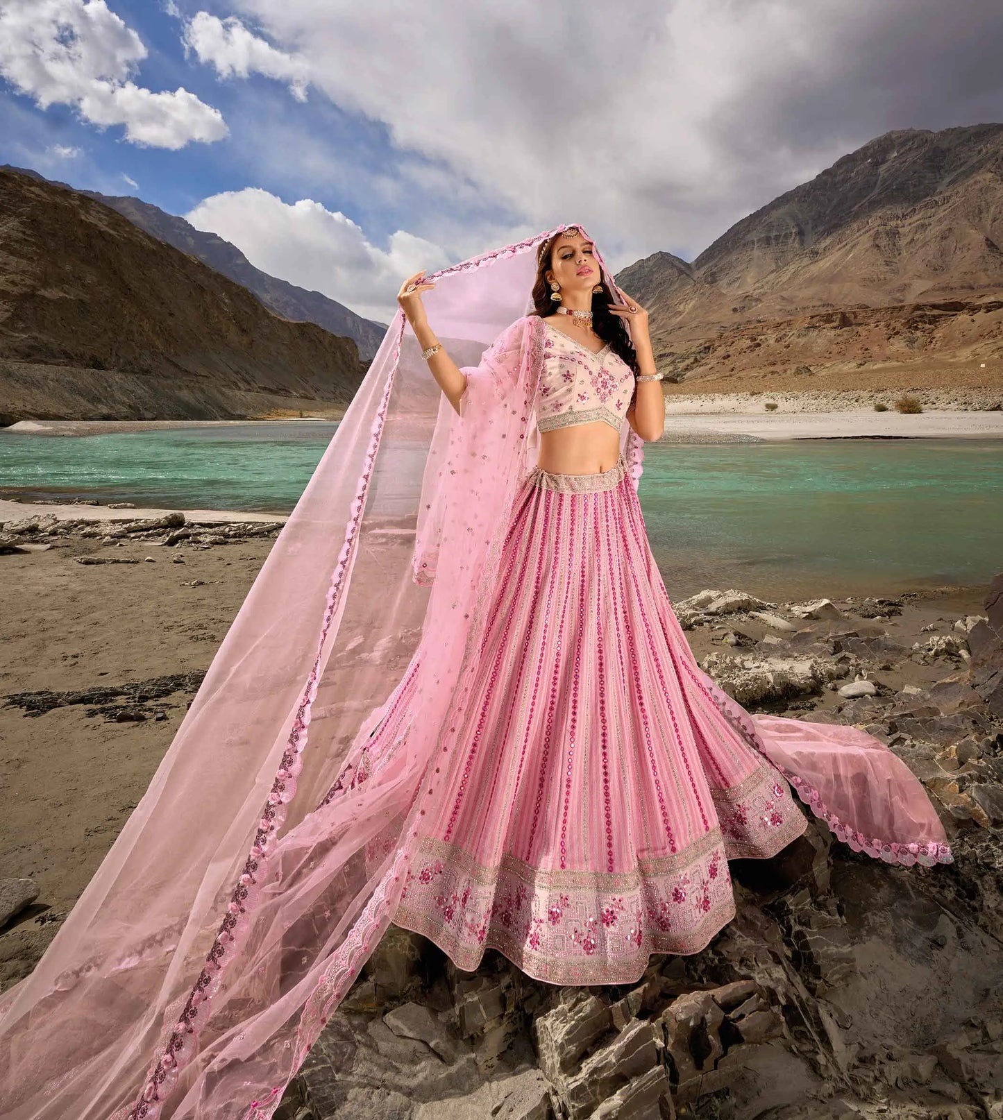 Baby Pink Mirror & Zarkan Work With Embroidery Work Lehenga For Bride
