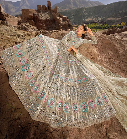 Dark Beige Mirror & Zarkan Work With Embroidery Work Lehenga For Bride