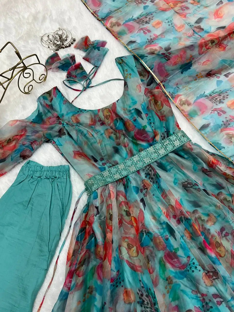 Sky Blue Organza Multi Colored Floral Print Gown With Dupatta