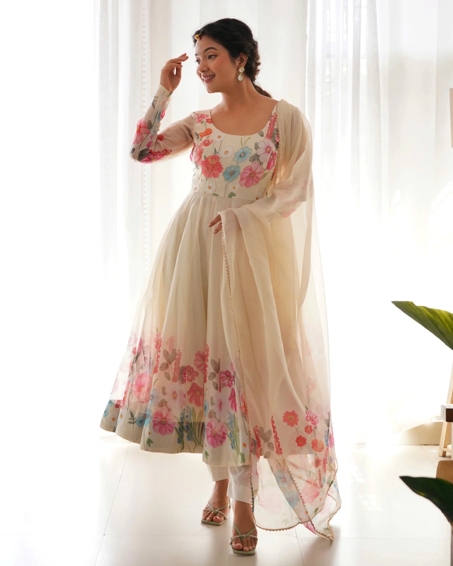 Off White Organza Multi Color Floral Print Gown With Dupatta