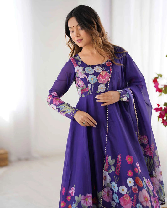 Purple Organza Multi Color Floral Print Gown With Dupatta