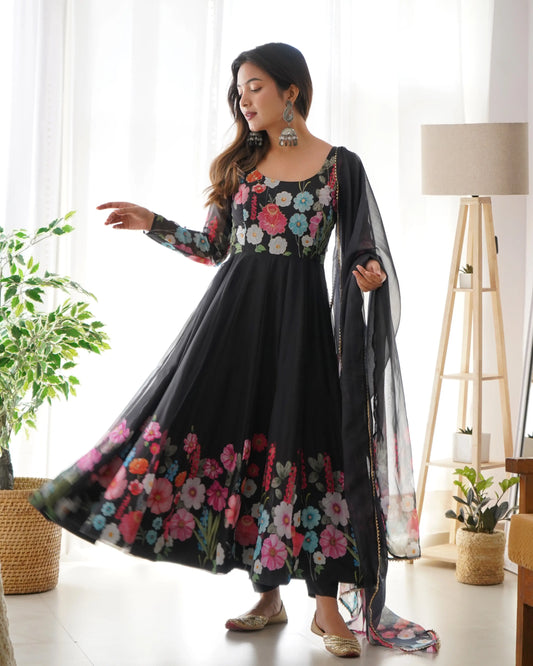 Black With Multi Color Floral Print Organza Gown With Dupatta