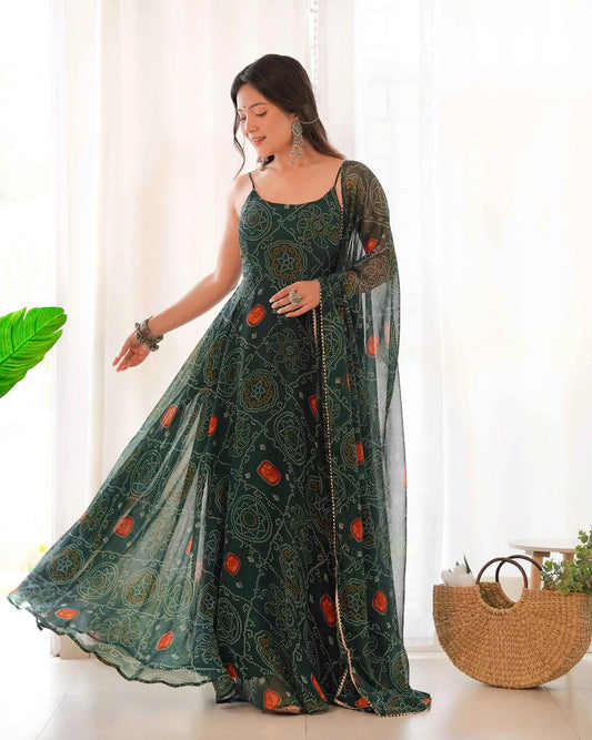 Tealish Green Soft Chiffon Bandhej Print Light Weight Gown With Dupatta