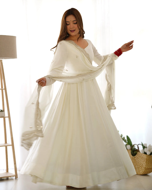 Off White Silk Anarkali Gown With Georgette Embroidery Work Dupatta