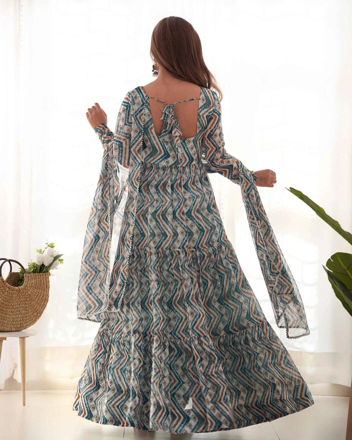 Light Blue Georgette Zigzag Print Three Layered Gown With Dupatta
